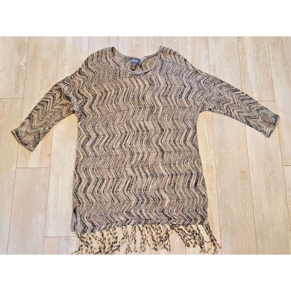 Chico's‎ Travelers 2 Scoop Neck 3/4 Sleeve Slinky Knit Tunic Fringe Hem (DEFECT) - Picture 1 of 9
